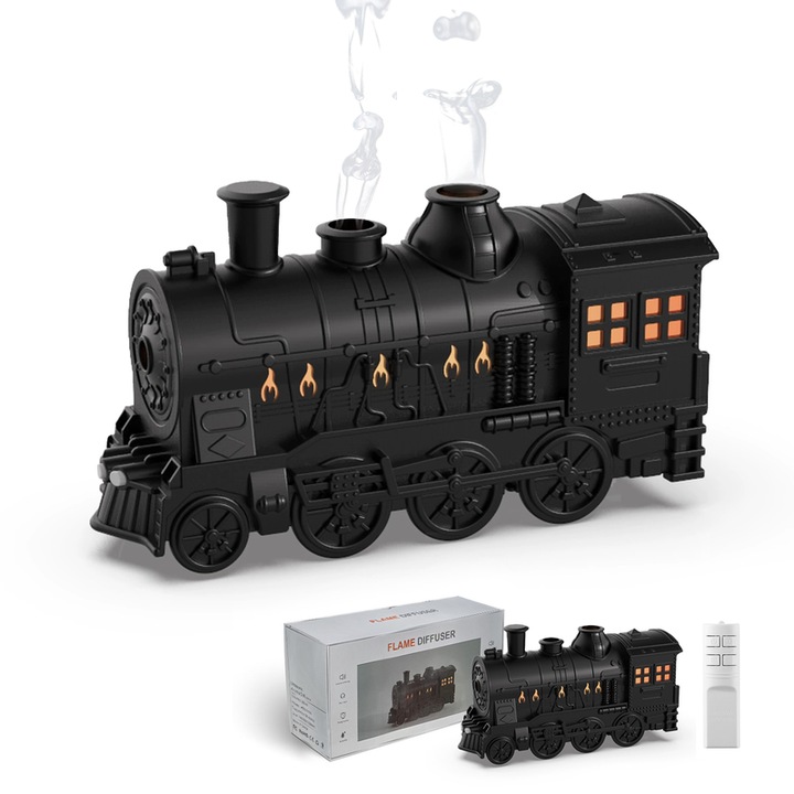 Umidificator cu uleiuri esentiale pentru aromaterapie, design inovator de tren, 300ml, umidificare cu ceata abundenta, include telecomanda, lumina de ambianta, 2 niveluri de timer, 24x13.8x8.3cm, negru