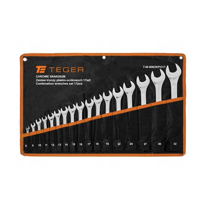 Set chei plasko-oczkowe 6-32mm, 17 piese, Teger, crom-vanadiu, cutie de depozitare