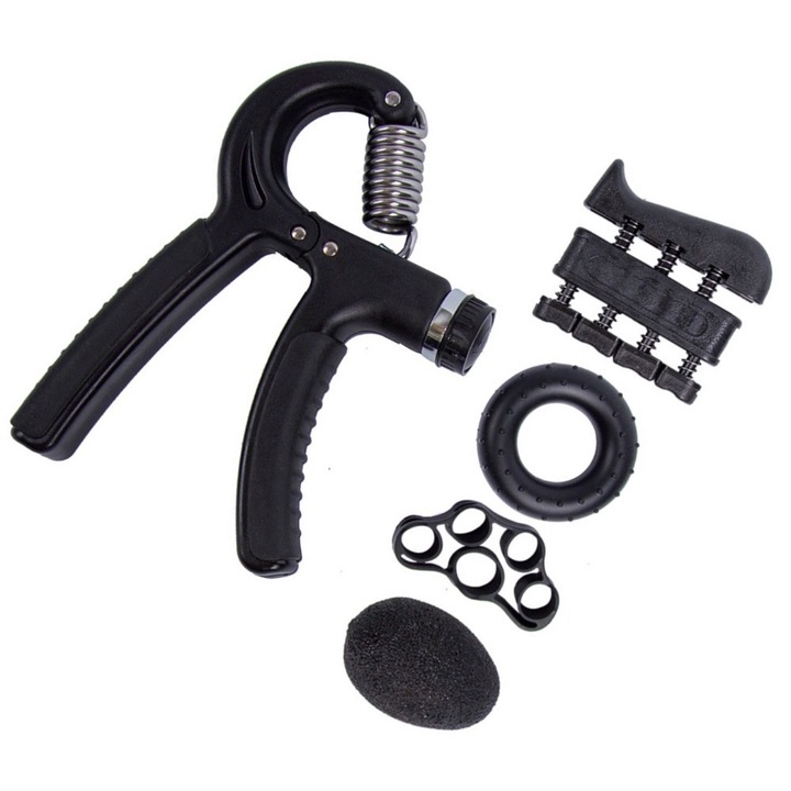 Set flexor si extensoare pentru intarirea mainii, inel de rezistenta pentru prindere de mana si minge de stres, 5 piese, ajustabil, Sigur si durabil, proiectat ergonomic, compact si portabil, utilizat pe scara larga, negru