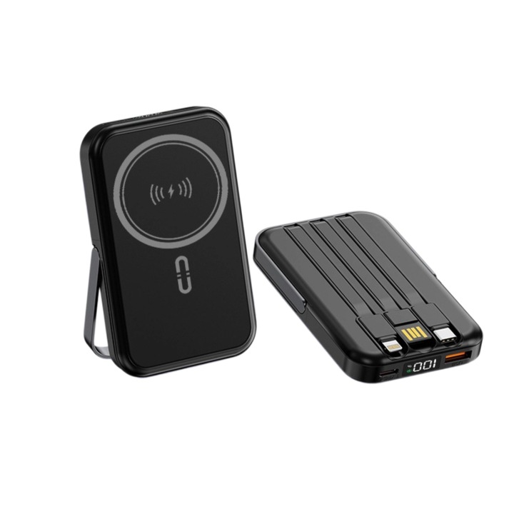 Външна батерия 10000mAh, безжично зареждане, метална стойка, черна