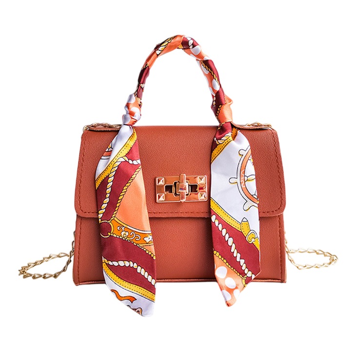 Geanta fashion dama, design trendy, mini, cu esarfa din matase, cu lant, multicolor