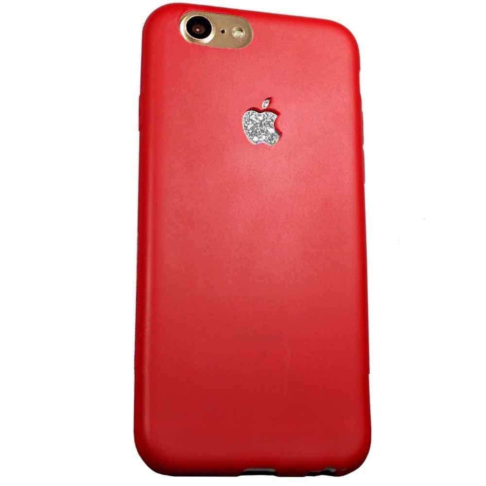 Husa iPhone 8 (4.7 inch) din silicon dens, logo Apple decupat, mat matte RED + sticker logo sclipici glitter SILVER