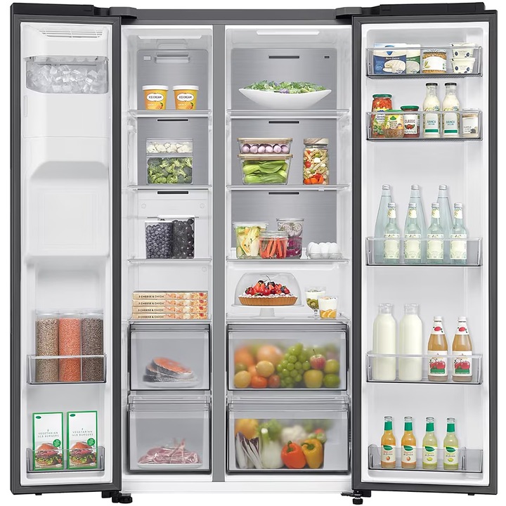 Side by side Samsung RS70F64KDFEO, 640 l, SmartThings AI Energy, Full No Frost, Mono & Metal Cooling, Dozator de apa/gheata, Compresor Digital Inverter, Clasa D, H 178.4 cm, Inox negru