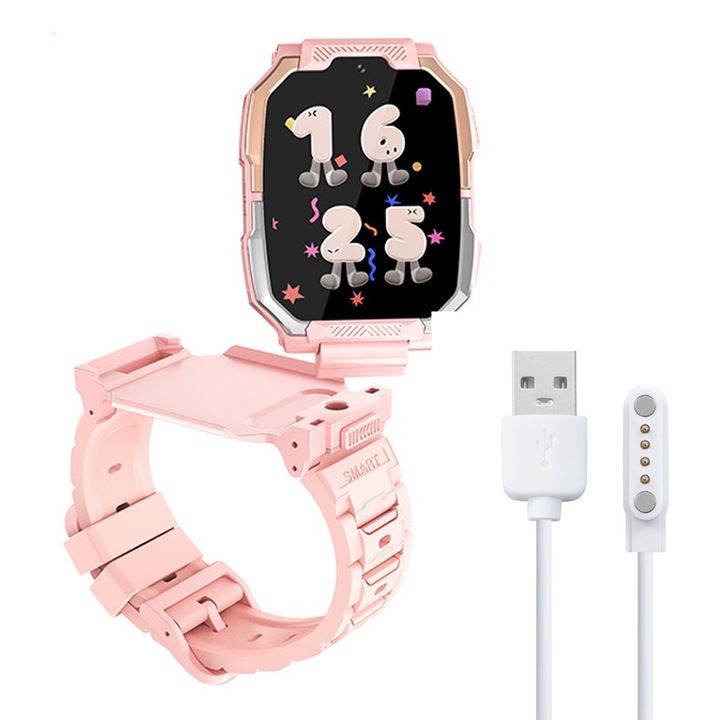 Ceas smartwatch copii, Fudisenn®, Comunicatii 4G, localizare GPS / LBS / WIFI, Buton SOS, Apel Video HD, 360° Rotiti, Incarcare Magnetica, Slot Cartela SIM, Impermeabil, Camera HD, Masoara Pasii, Roz