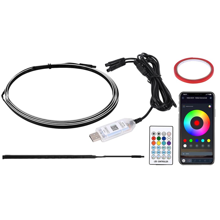 Banda LED pentru interior auto, iluminare ambientala RGB, 16 milioane de culori, control prin aplicatie si telecomanda, flexibila, USB