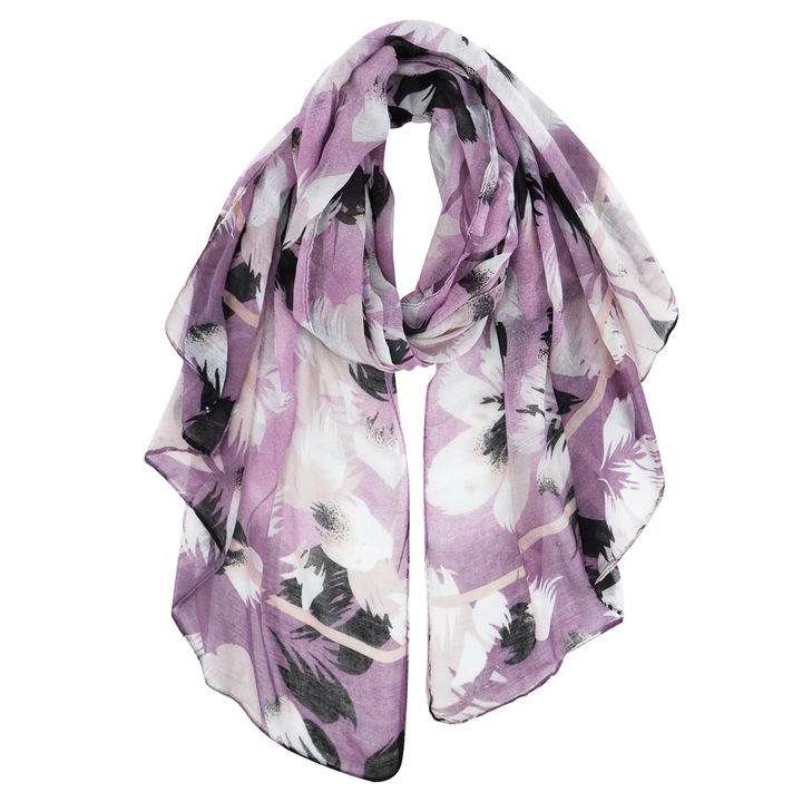 Esarfa dama, imprimeu floral, Poliester, GOGOU®, Violet, 85x180 cm