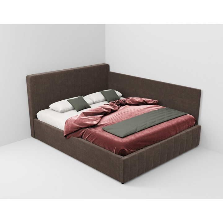 Pat tapitat de colt Maldive, cadru lemn si pal, 180x200 cm, maro, cu somiera fixa