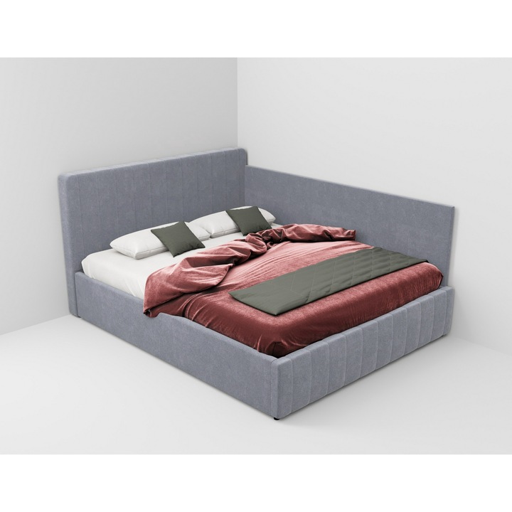 Pat tapitat de colt Maldive, cadru lemn si pal, 140x200 cm, gri, cu somiera fixa