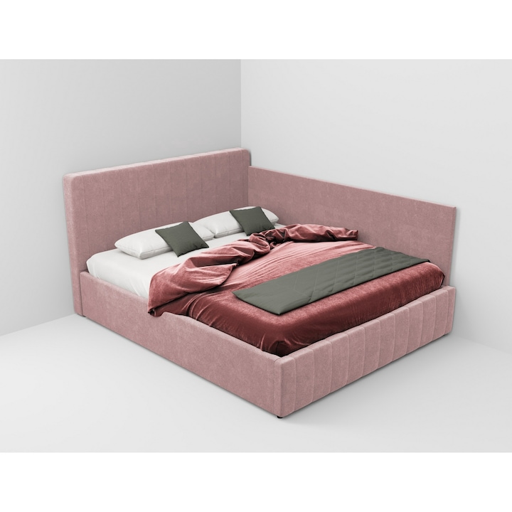 Pat tapitat de colt Maldive, cadru lemn si pal, 140x200 cm, roz, cu somiera fixa