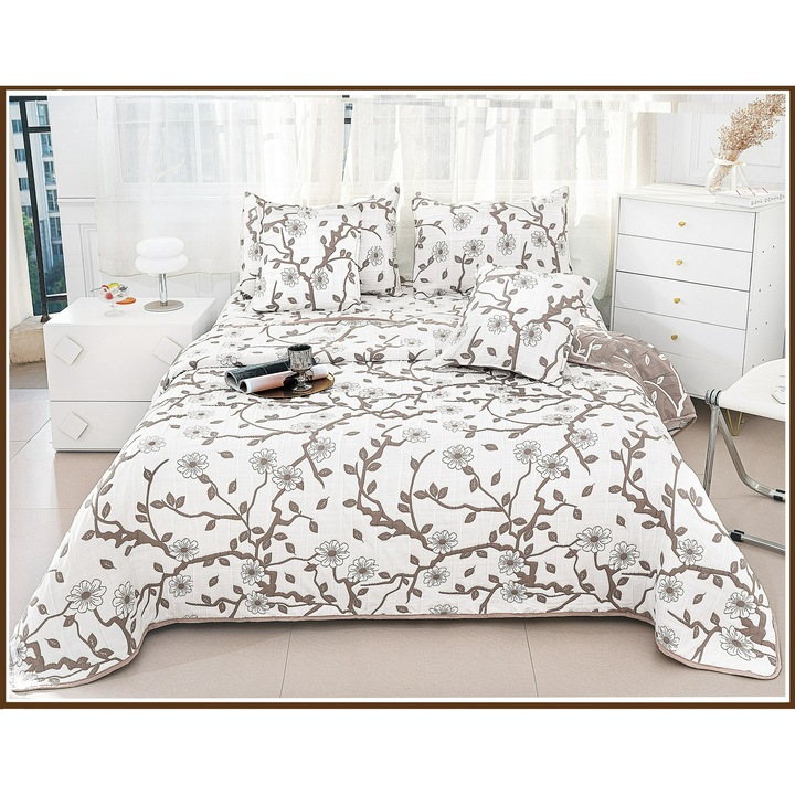 Set Cuvertura CHIRASO, pentru pat dublu, 5 piese: Cuvertura 230 x 250 cm, 2 fete de perna 52 x 72 cm, 2 fete de perna 46 x 46 cm, cu imprimeu ramuri, alb-crem-maro crem