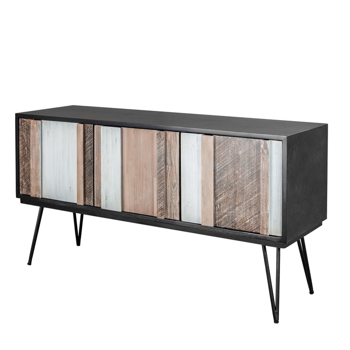 Comoda Livin Hill Adesso, 155x80x45cm, negru/akacia/alb, sistem usi glisante, picioare metalice