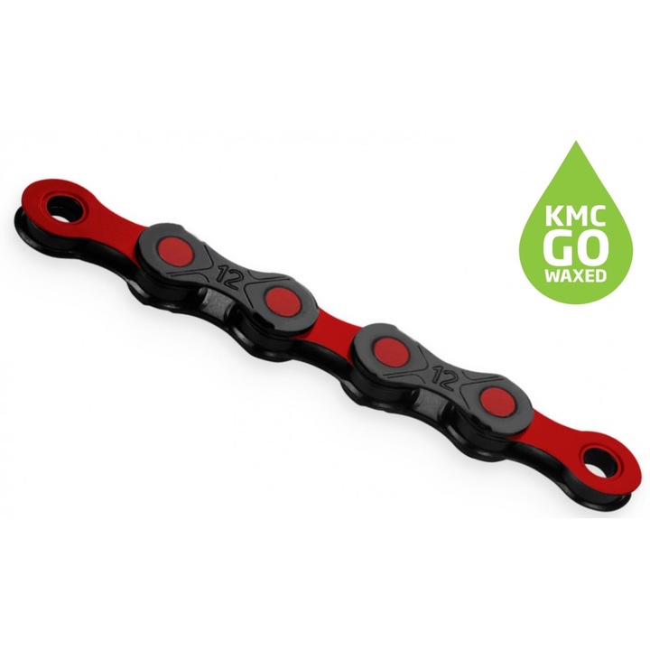 Верига KMC DLC 12 черна/червена, 12 скорости, 126 звена, покрити с восък