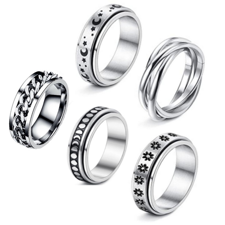 Set 5 inele spinner din otel inoxidabil, Enforose, pentru ameliorarea stresului, pentru femei si barbati