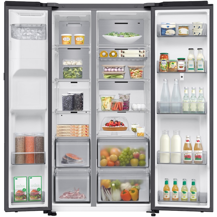 Side by side Samsung Family Hub RS90F66BEFEO, 614 l, Ecran 21.5", SmartThings AI Energy, Full No Frost, Twin & Metal Cooling, Dozator de apa/gheata, Compresor Digital AI Inverter, Clasa E, H 178.4 cm, Inox negru