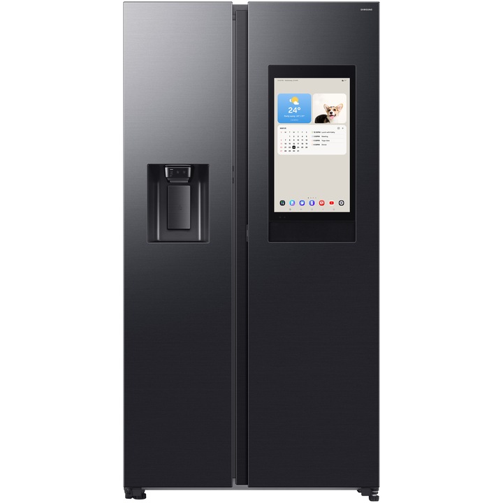 Samsung Family Hub RS90F66BEFEO Side by side hűtőszekrény, 614L, 21.5" kijelző, SmartThings AI Energy, Full No Frost, Twin & Metal hűtés, víz/jégadagoló, digitális AI Inverteres kompresszor, E energiaosztály, H 178,4 cm, fekete