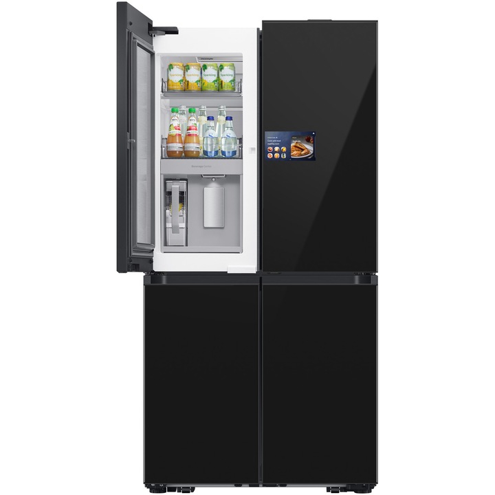 Хладилник French Door Samsung RM90F67CECEO, 654 л, Екран 9" AI Home, SmartThings AI Energy, Full No Frost, Hybrid & Metal Cooling, Диспенсър за вода/лед Beverage, Цифров инверторен компресор с изкуствен интелект, Клас E, Височина 185.3 см, Черно стъкло