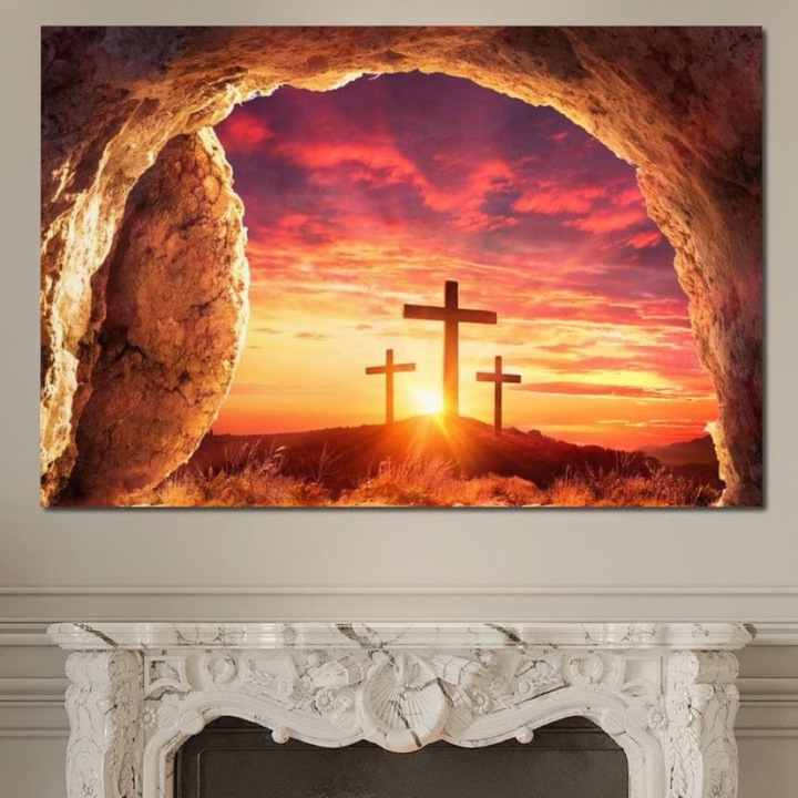 Премиум картина върху платно, LuxCanva® H1017 Възкресение Светлина, 100 X 150 CM, 100% памучно платно 400g/m2, дървена рамка, кръст, възкресение, светлина, жертвоприношение, обещание, изгрев, спасение, вечност, хол, спалня