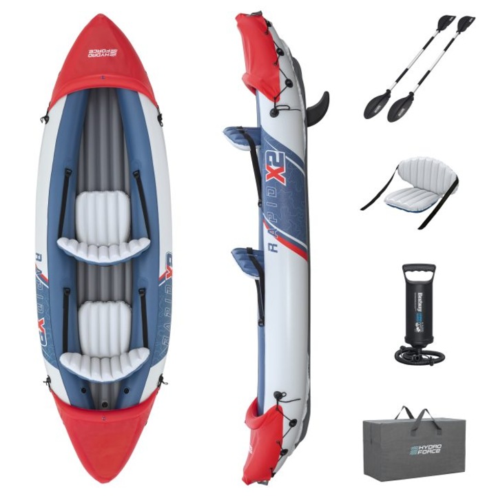 Set barca gonflabila Bestway Rapid X2 K, greutate maxim suportata 220kg, 321 x 100 x 44 cm, 1 pereche de vasle de aluminiu de 230cm, kit de reparatii, pompa manuala inclusa