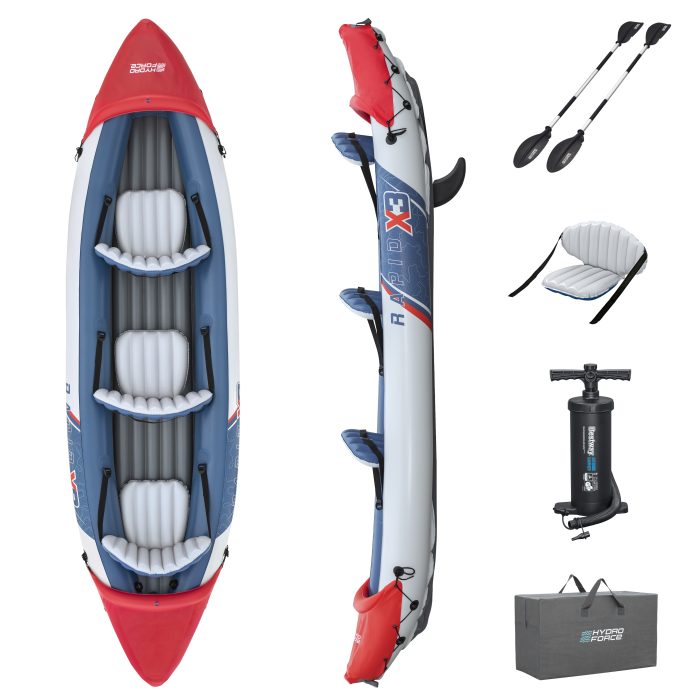 Barca Bestway - Caiac 3 persoane Bestway Rapid X3 K, greutate maxim suportata 280kg, 381 x 100 x 44 cm, 1 pereche de vasle de aluminiu de 230cm, pompa manuala inclusa