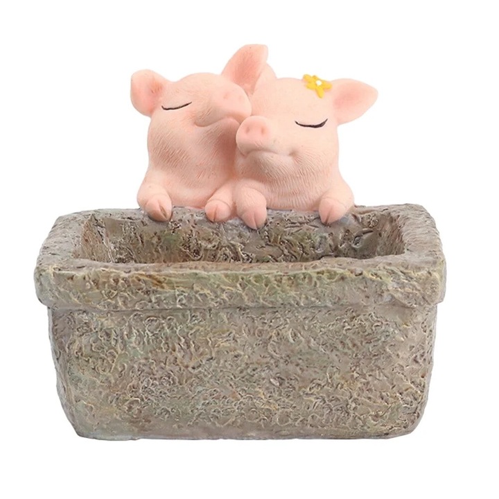 Ghiveci mini din rasina, design porc, 10.5x9.5x9cm, pentru plante suculente, decorare birou si acasa