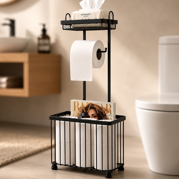 Suport pentru Hartie Igienica, BYONDSELF®, 3 niveluri, cu raft depozitare, otel inoxidabil, 30x15.5x79.5cm, Negru