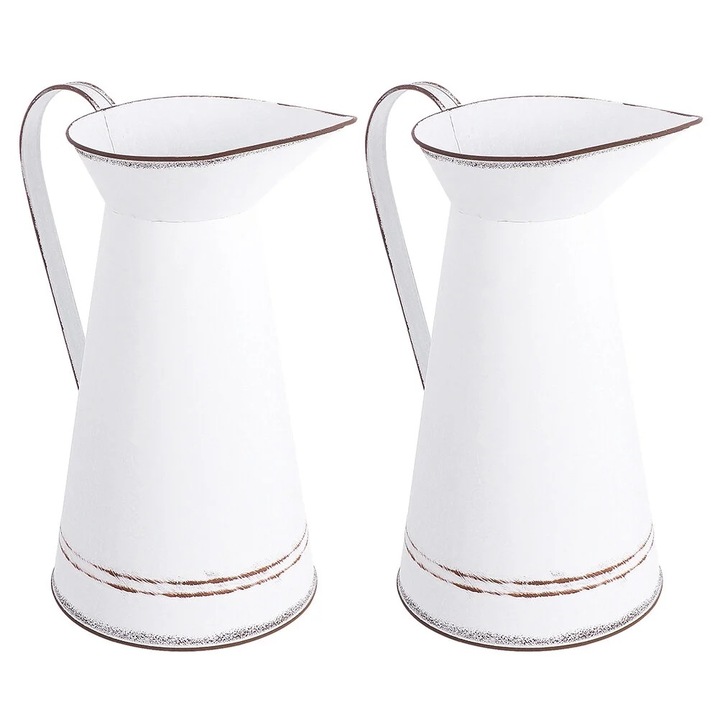 Set 2 vase decorative din metal, stil rustic, alb, pentru flori, accesorii decorative