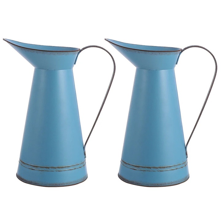 Vaza decorativa din metal, stil rustic, albastra, pentru flori naturale sau artificiale, set