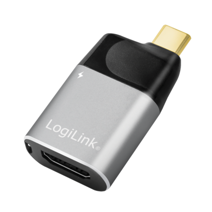 Cablu video LOGILINK, adaptor USB 3.1 Type-C (T) la HDMI (M) + USB-C (M), rezolutie maxima 4K UHD (3840 x 2160) la 60 Hz, conectori auriti, aluminiu, ecranaj, negru-gri