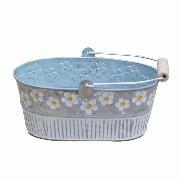 Ghiveci retro din metal, floare margareta, 19x16x8cm, decorare casa, set