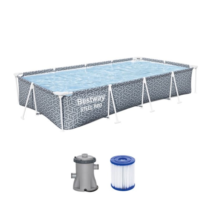 Bestway Steel Pro Frame téglalap alakú medence, fém kerettel és pumpával, 366 x 201 x 66 cm