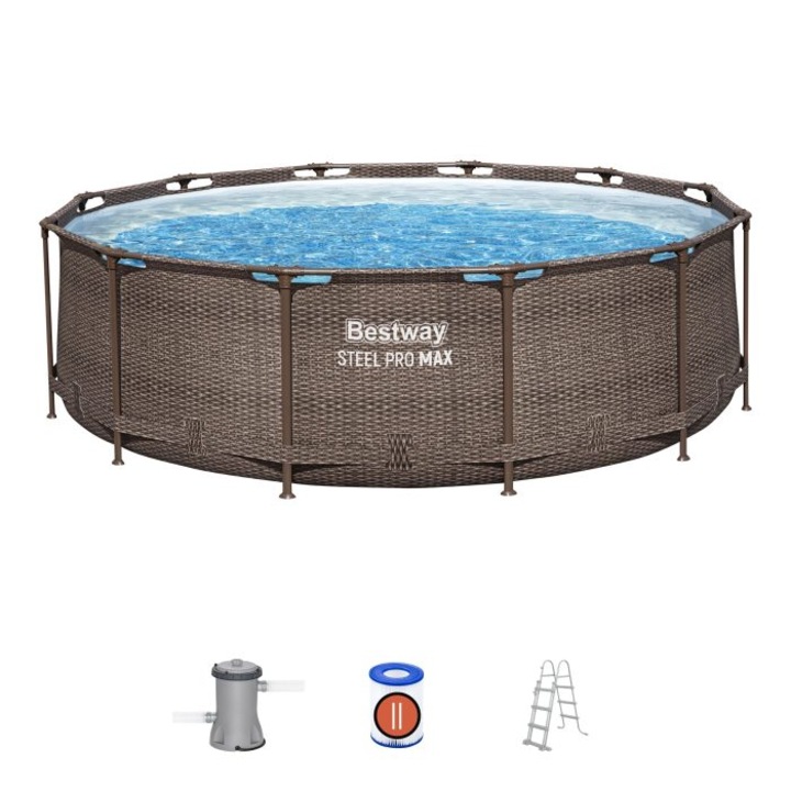 Басейн Bestway, Steel Pro MA Frame с помпа, Кръгъл, Метална конструкция, Вид на кафяв ратан, 366 x 100 см