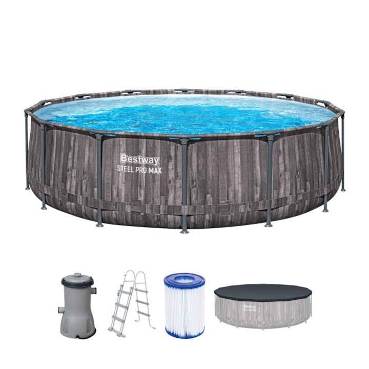 Басейн Bestway, Steel Pro MAX, Кръгъл, С помпа, Стълба и брезент, Метална конструкция, Вид дъб, 427 x 107 см