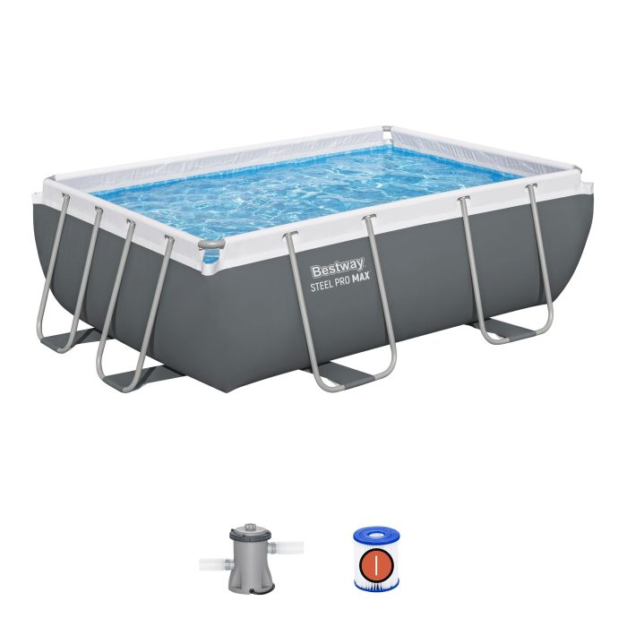 Piscina patrata Bestway, Steel Pro MAX Frame, cu pompa, cadru metalic, gri, 282 x 196 x 84 cm