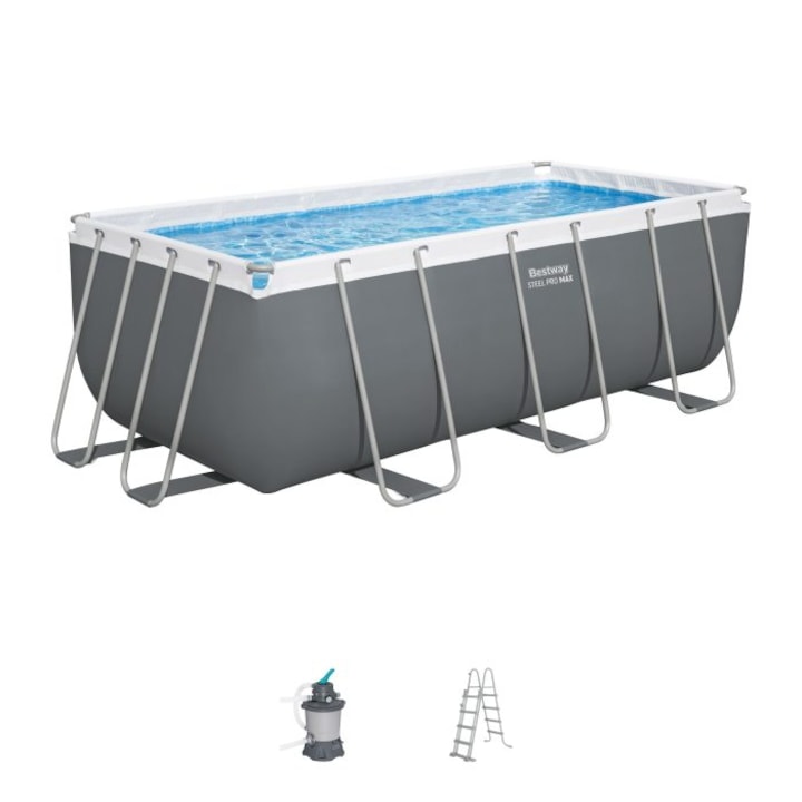 Басейн Bestway, Steel Pro MAX Frame, Правоъгълен, Система за пясъчна филтрация и стълба, Метална конструкция, Сив, 412 x 201 x 122 см