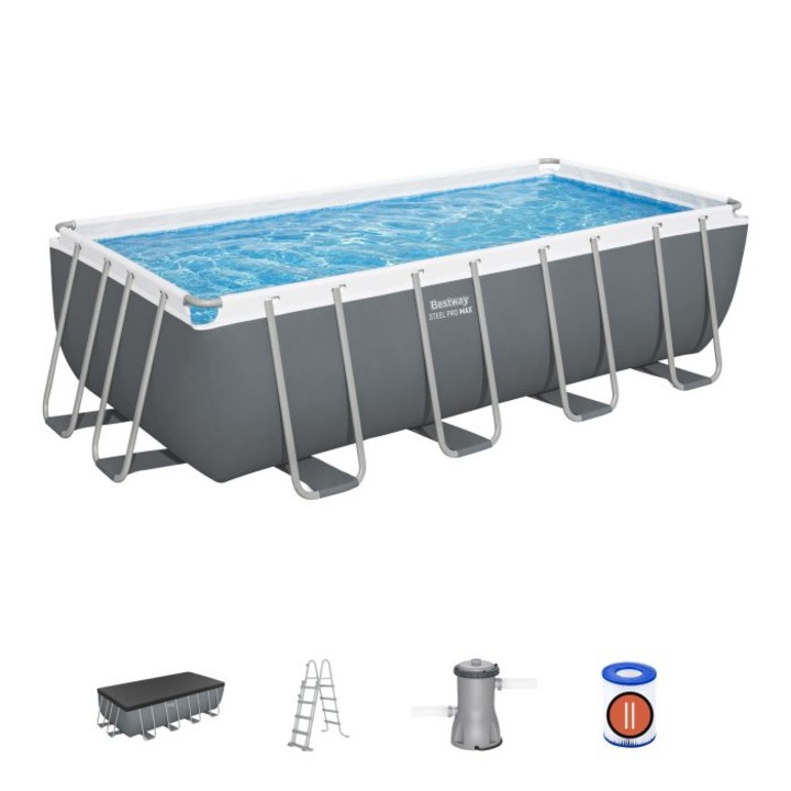 Piscina dreptunghiulara Bestway, Steel Pro MAX, cu pompa, scara, prelata, cadru metalic, gri, 488 x 244 x 122 cm
