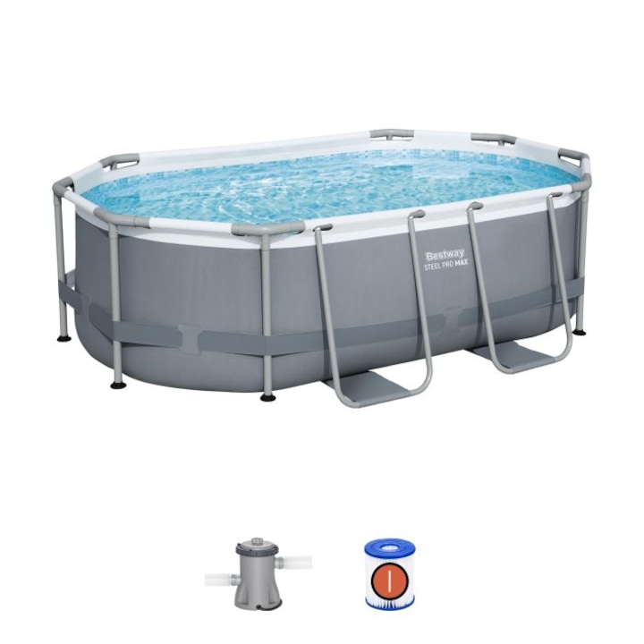 Басейн Bestway, Steel Pro MAX Frame, Овален, С помпа, Метална конструкция, Сив, 305 x 200 x 84 см
