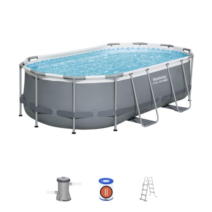 Басейн Bestway, Steel Pro MAX Frame, С помпа и стълба, Метална конструкция, Сив, Овален, 427 x 250 x 100 см