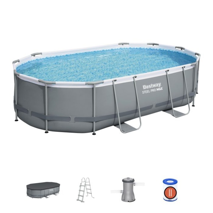 Басейн Bestway, Steel Pro MAX, Овален, С помпа, стълба, брезент, Метална конструкция, Сив, 488 x 305 x 107 см