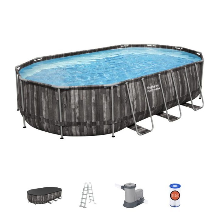 Басейн Bestway, Steel Pro MAX с помпа, Стълба и брезент, Овален, Метална конструкция, Вид дъб, 610 x 366 x 122 см