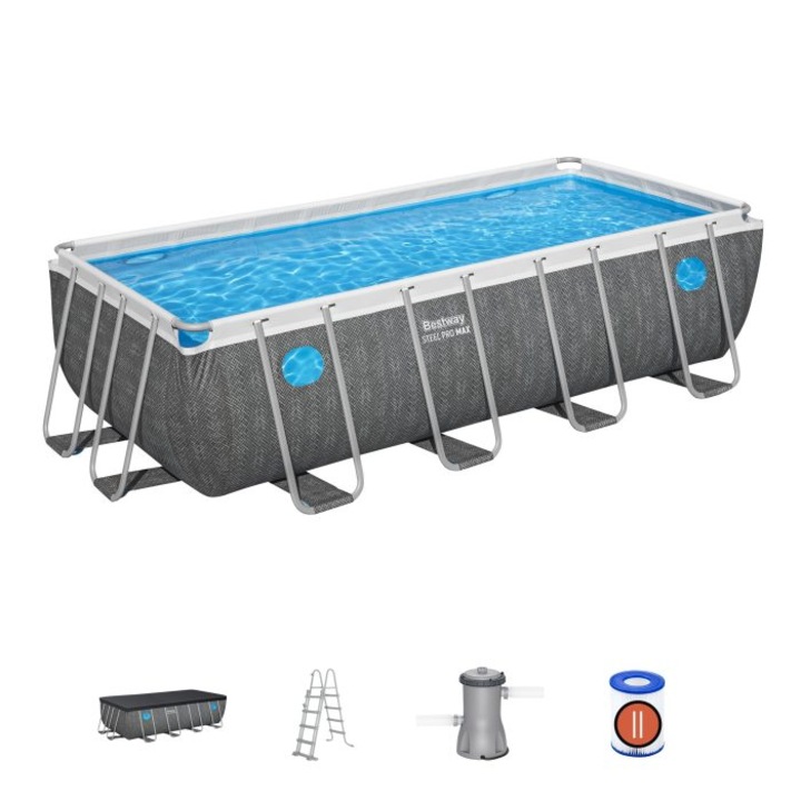 Басейн Bestway, Steel Pro MAX Splashview Frame с помпа, стълба и брезент, Правоъгълен, Метална конструкция, Вид на сив ратан, 488 x 244 x 122 см