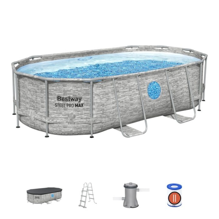 Басейн Bestway, Steel Pro MAX Splashview Frame с помпа, стълба и брезент, Овален, Метална конструкция, Сив, 427 x 250 x 100 см