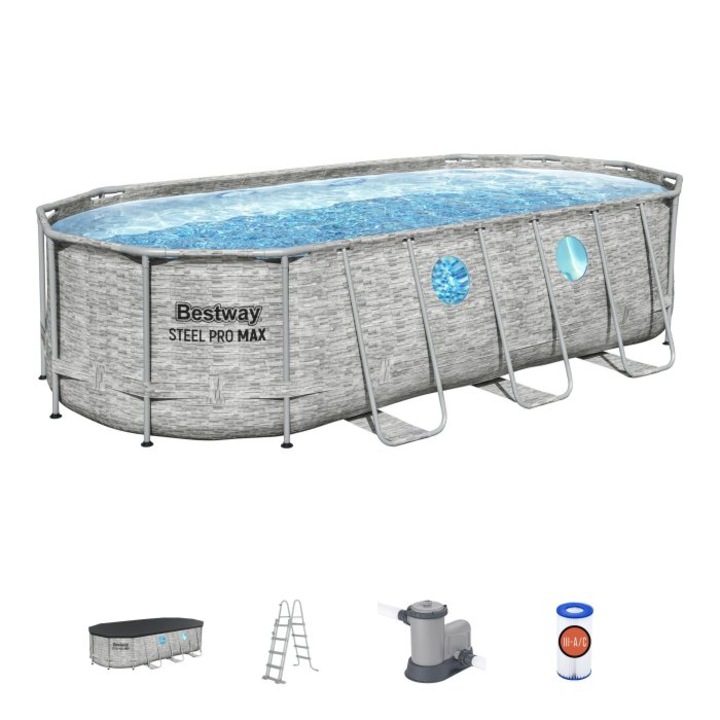 Басейн Bestway, Steel Pro MAX Splashview Frame с помпа, стълба и брезент, Овален, Метална конструкция, Сив, 549 x 274 x 122 см