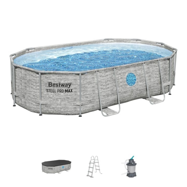 Басейн Bestway, Steel Pro MAX Splashview Frame, Овален, Система за филтриране на пясък, стълба и брезент, Метална рамка, Сив, 488 x 305 x 107 см