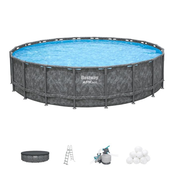 Piscina rotunda Bestway, APX365 Winterproof Frame, sistem de filtrare cu nisip, scara si prelata, cadru metalic, aspect marmura gri, 610 x 132 cm