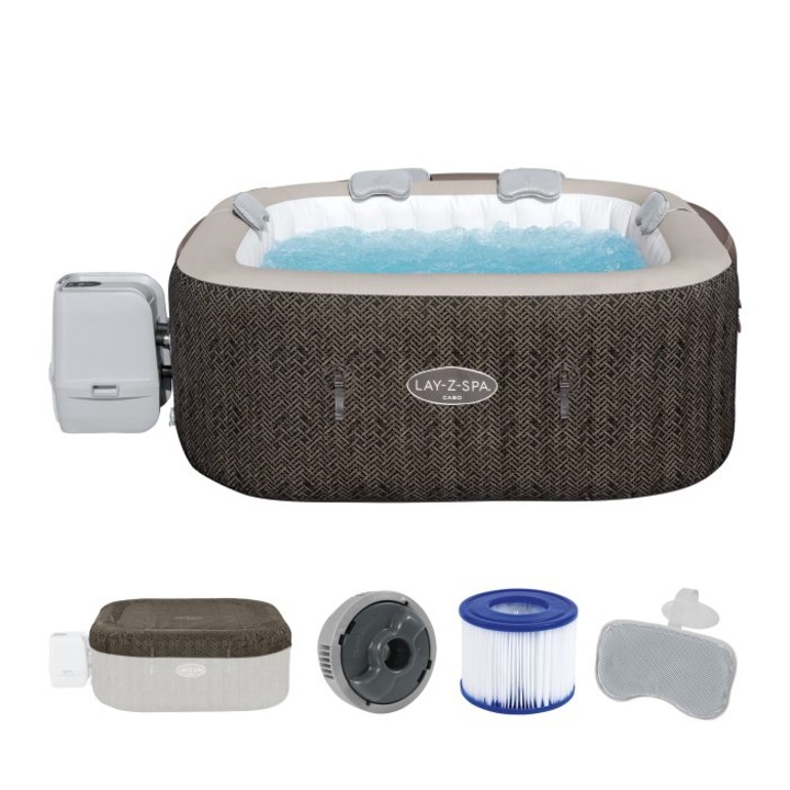 Jacuzzi gonflabil Bestway, LAY-Z-SPA Cabo HydroJet, cu control prin aplicatie, pentru 6 persoane, gri stejar, 180 x 180 x 71 cm