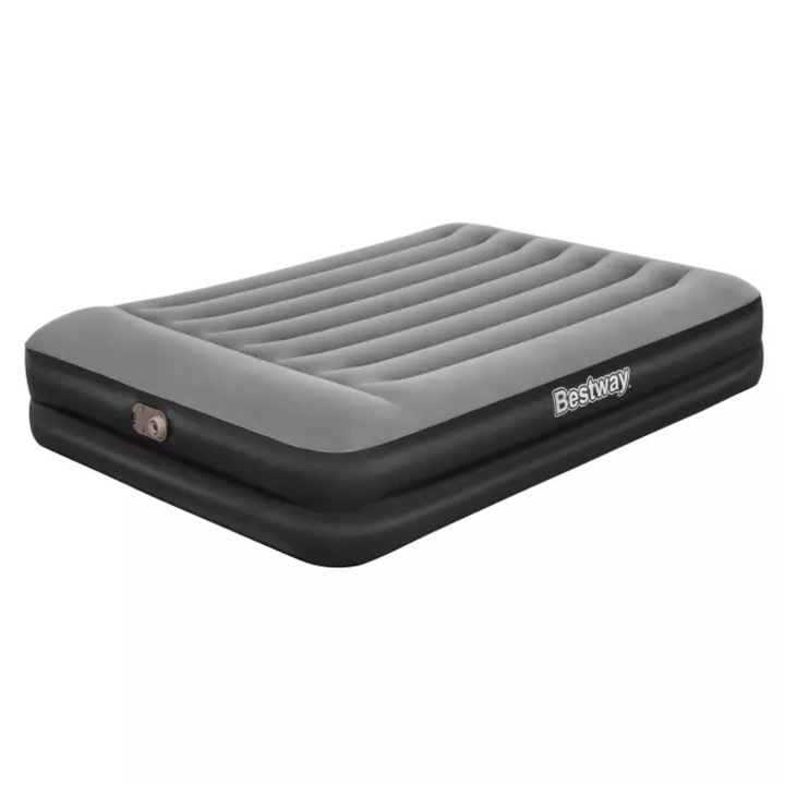 Saltea gonflabila dubla Bestway, TriTech, cu pompa electrică integrata, negru-gri, 203 x 152 x 46 cm
