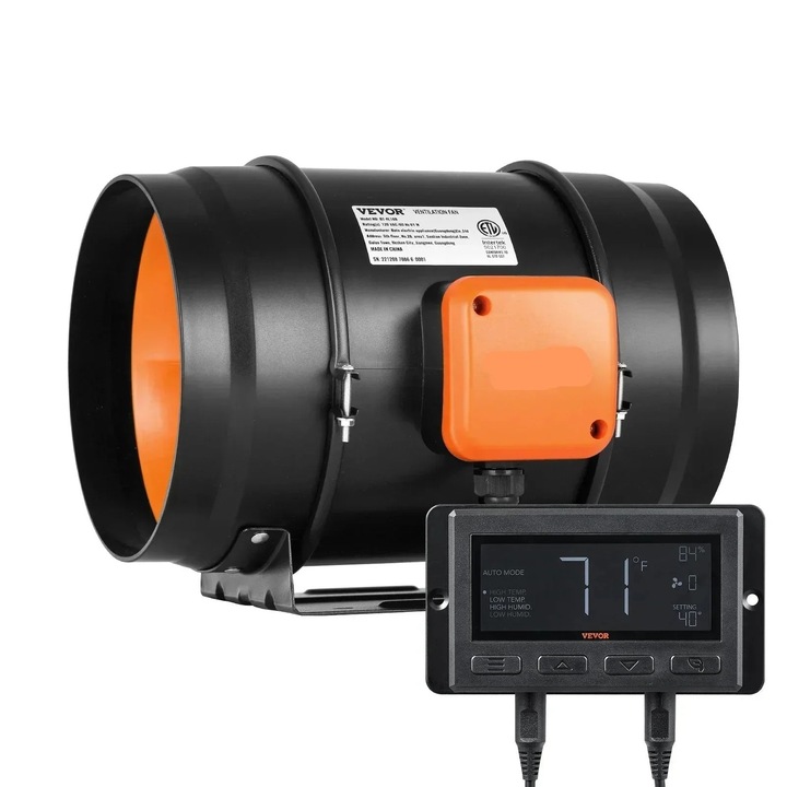 Beépített csőventilátor, EC-motor, 807 CFM, 8 hüvelykes, alacsony zajszint, intelligens vezérlő, fekete