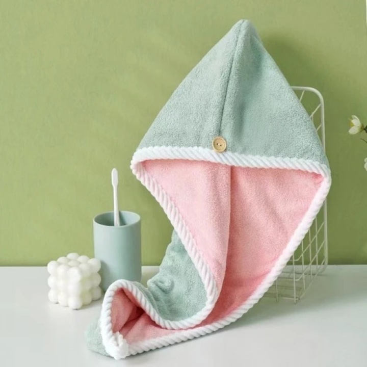 Prosop tip turban cu nasture pentru uscare rapida par, FOXMAG24, microfibra, dimensiuni 60 x 24 cm, verde/roz