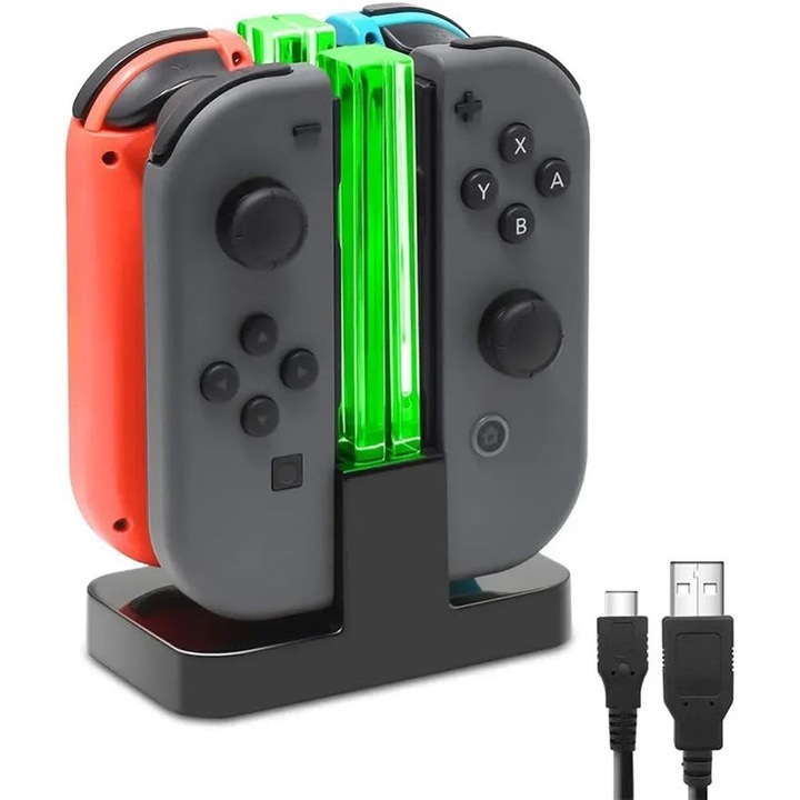 Töltőállomás Nintendo Switch gamepadhez, Rqiurpn-hez, fekete, LED világítással, USB kábellel