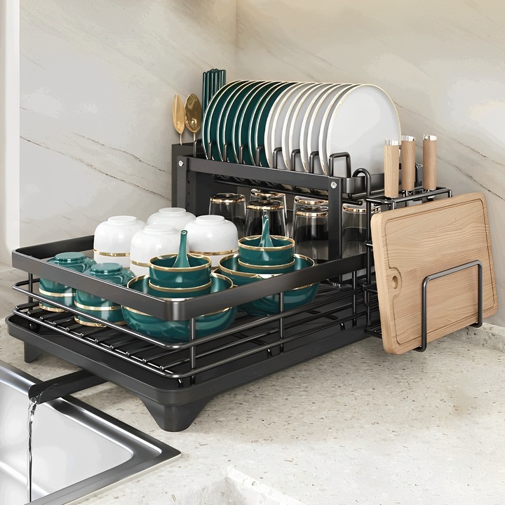 Edényszárító, BYONDSELF®, 2 szint, lefolyóval, kés- és evőeszköztartó, helye edényeknek és poharaknak, fekete színű